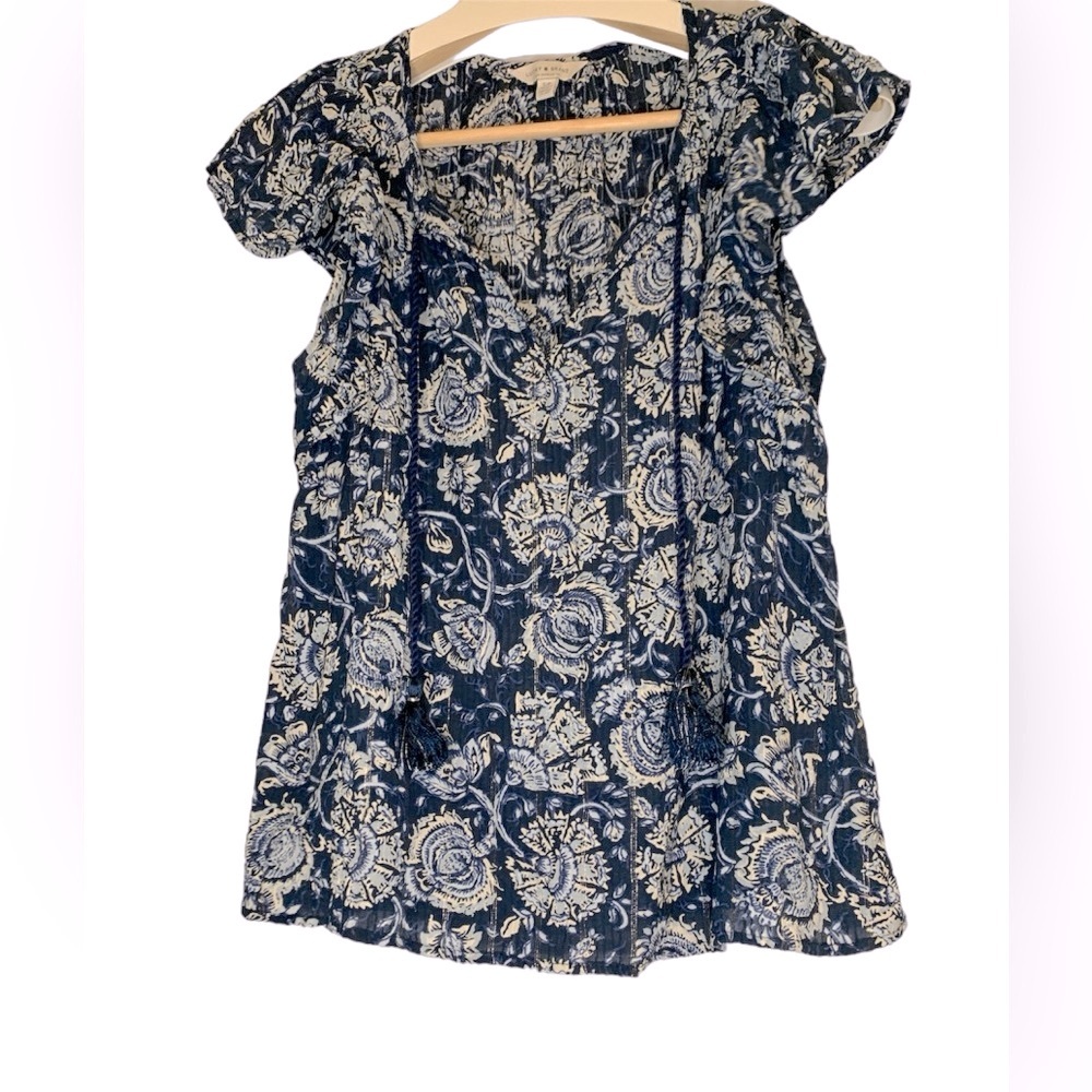 Lucky Brand Blue/White/Black Floral Paisley Boho Short Sleeve Top Size S